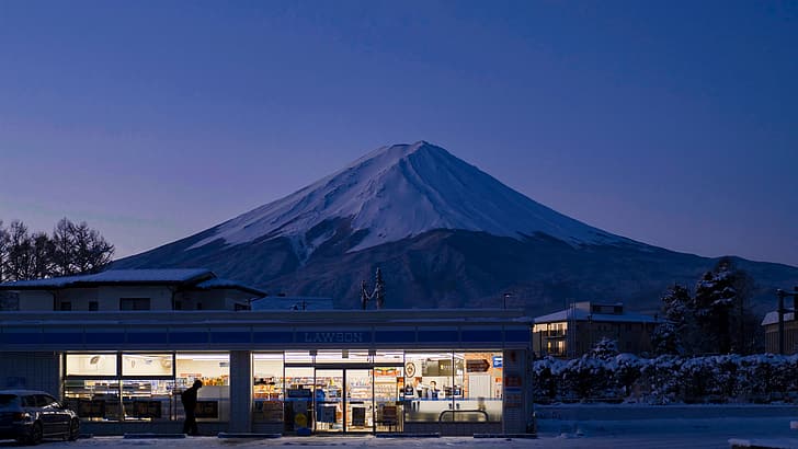 LoFi, вершина горы, фотография, ночь, ночь и рассвет, вид на горы, Япония, гора Фудзи, естественный свет, фиолетовый фон, HD обои
