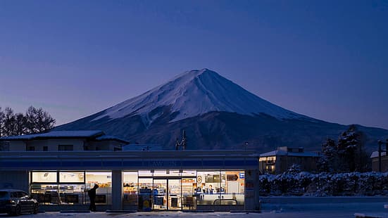LoFi, cima della montagna, fotografia, notte, notte e alba, vista sulle montagne, Giappone, Monte Fuji, luce naturale, sfondo viola, Sfondo HD HD wallpaper
