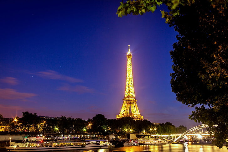 Eiffel Tower, Paris, light, trees, night, bridge, the city, lights, river, France, Paris, lighting, Hay, Eiffel tower, La tour Eiffel, HD wallpaper