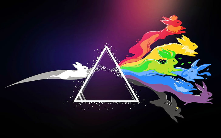 Pink Floyd, Pokémon, prizma, Eeveelutions, Eevee, Flareon, Joltion, Vaporeon, Leafeon, Glaceon, Umbrion, Espeon tarafından Ay'ın Karanlık Yüzü, HD masaüstü duvar kağıdı