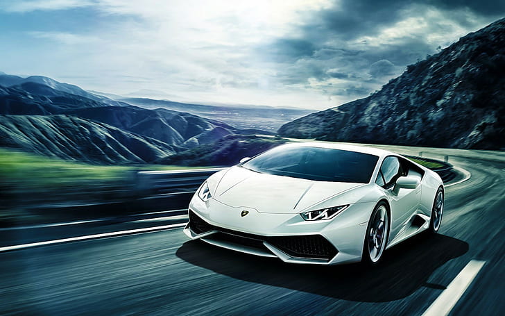 Lamborghini, Huracan, LP640-4, White, white sports car, lamborghini, Huracan, LP640-4, white, Supercar, Mountain, road, front, HD wallpaper