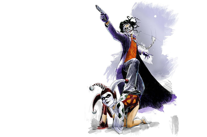 Харли Куинн, Джокер, простой фон, оружие, пистолет, иллюстрации, комиксы, HD обои