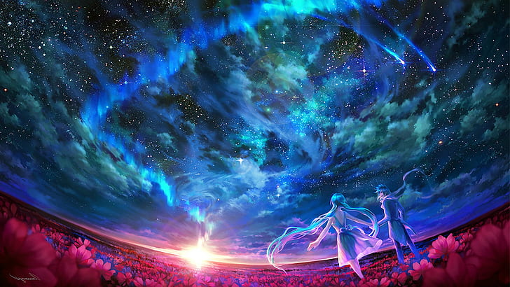 ilustração de personagens de menino e menina de anime, flores, céu, auroras, HD papel de parede