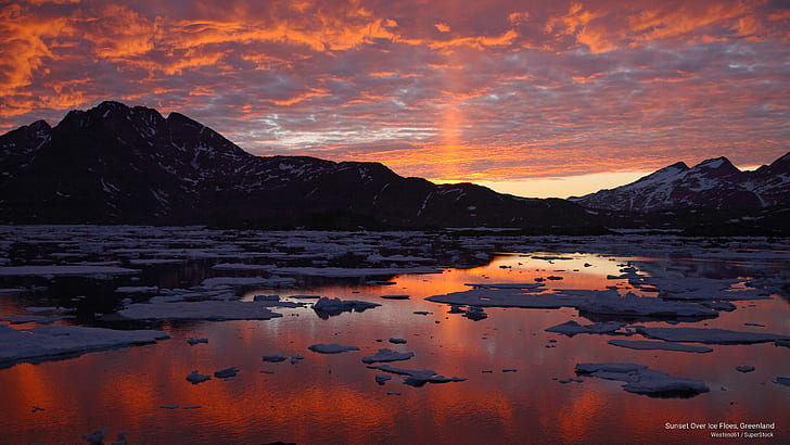 غروب الشمس فوق الجليد الطافي ، جرينلاند ، الشروق / غروب الشمس، خلفية HD