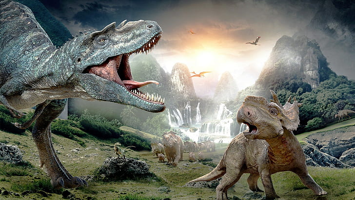 nature, animaux, dinosaures, préhistorique, Tyrannosaurus rex, oiseaux, art numérique, paysage, soleil, montagnes, rocher, cascade, rugissement, Fond d'écran HD