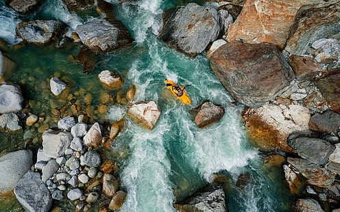 nature, river, water, rock, rocks, stone, stones, canoes, rafting, sport, sports, HD wallpaper HD wallpaper