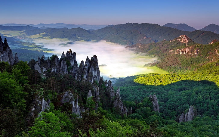 nature, landscape, mountains, rock, forest, valley, mist, village, Slovakia, HD wallpaper