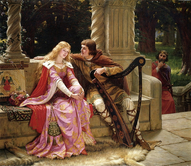 man and woman sitting down on sofa painting, love, castle, picture, Prince, knight, Queen, king, virgin, Middle Ages, Mark, maiden, romanticism, English painter, English artist, the pre-Raphaelite, Edmund Blair Leighton, Pre-Raphaelite, The middle ages, The End Of The Song, Tristan and Isolde, Troubadour, HD wallpaper