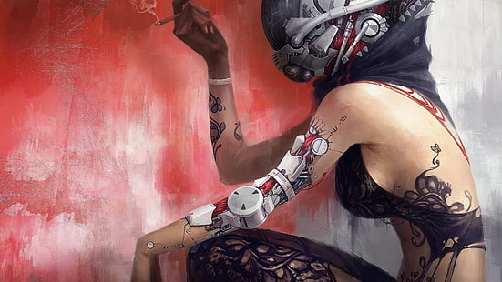 Mujer cyborg con pintura de tatuajes, My Girlfriend is a Cyborg, girl, tatoo, steampunk, cigarette, sci-fi, art, Fondo de pantalla HD HD wallpaper