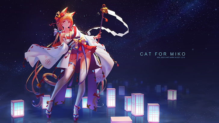 anime girls, miko, neko ears, cat ears, cat girl, HD wallpaper