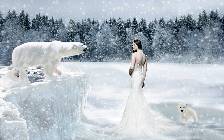 arte da fantasia, menina da fantasia, ursos polares, HD papel de parede