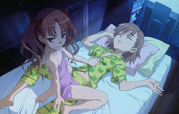 papel de parede digital de duas personagens femininas de anime, lésbicas, na cama, To aru Majutsu no Index, To Aru Kagaku no Railgun, Shirai Kuroko, Misaka Mikoto, anime girls, anime, HD papel de parede