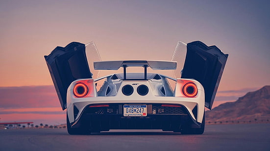 white sports car, car, Ford GT, wings, Ford, sunset, sports car, Super Car , white, HD wallpaper HD wallpaper