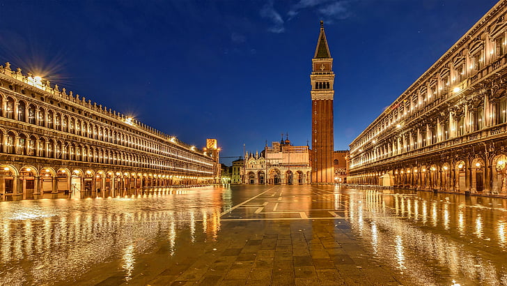piazza san marco, square, europe, eu, venice, italy, st mark square, evening, reflecting, landmark, st marks square, tourist attraction, night, historic site, sky, city, plaza, reflection, HD wallpaper