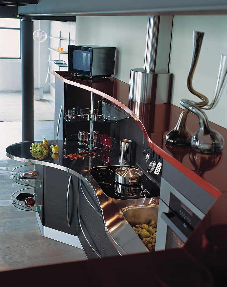 gray tinted glass vases, kitchen, interior, interior design, modern, HD wallpaper