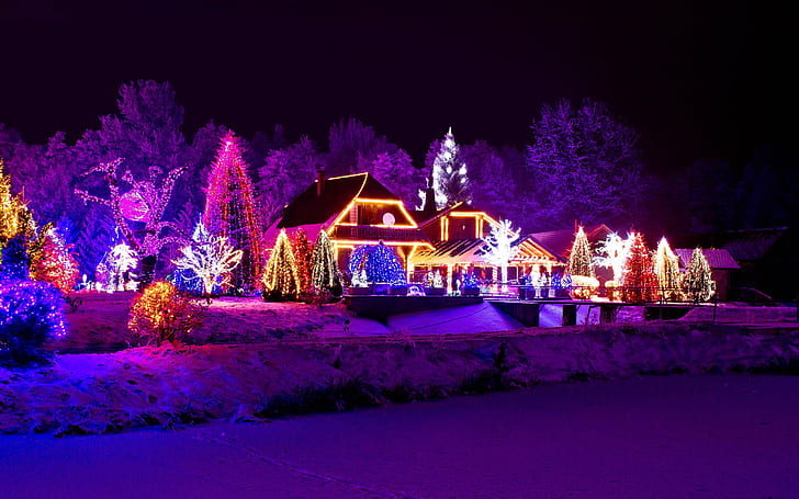 Inverno, noite, luzes, ano novo, casa, lago, Inverno, noite, luzes, ano novo, casa, lago, HD papel de parede