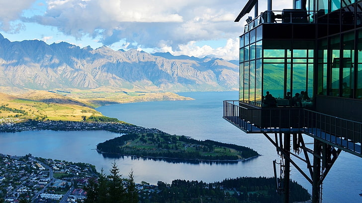 Queenstown, trees, lake, panorama, people, shadow, New Zealand, glass, nature, restaurant, forest, clouds, architecture, pine trees, town, rooftops, house, mountains, building, road, island, hills, HD wallpaper