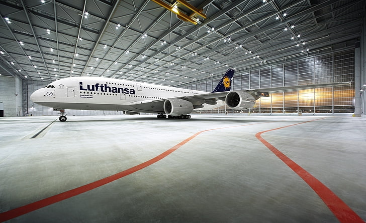 Lufthansa 380 800 Airbus, weißes und graues Lufthansa Flugzeug, Motoren, Flugzeug, Lufthansa, Airbus, HD-Hintergrundbild