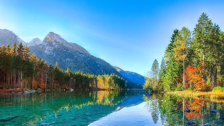 landscape, water, river, trees, mountains, German, forest, fall, nature, HD wallpaper