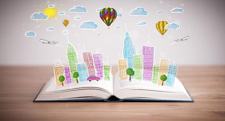 иллюстрация разноцветного города, облака, деревья, машина, город, самолет, здания, открытая книга, HD обои