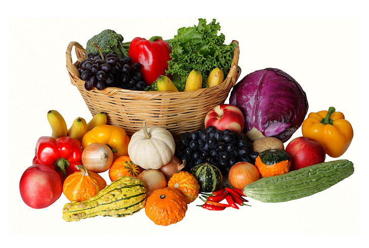 berbagai macam buah dan sayuran berwarna, sayuran, banyak, keranjang belanja, Wallpaper HD
