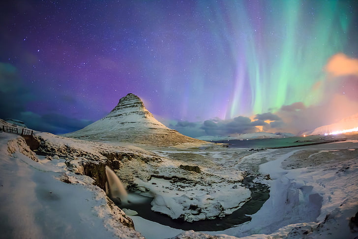 сияние сияния, зима, небо, звёзды, снег, ночь, ручей, гора, водопад, северное сияние, Исландия, Киркьюфелл, HD обои