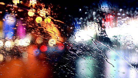 hujan, air, cahaya, tetesan hujan, malam, dunia, kaca, kaca depan, hujan, kaca depan, tetes, lampu kota, lampu bokeh, bokeh, Wallpaper HD HD wallpaper