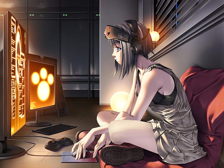 room gamers anime girls 1600x1200  Anime Hot Anime HD Art , room, gamers, HD wallpaper