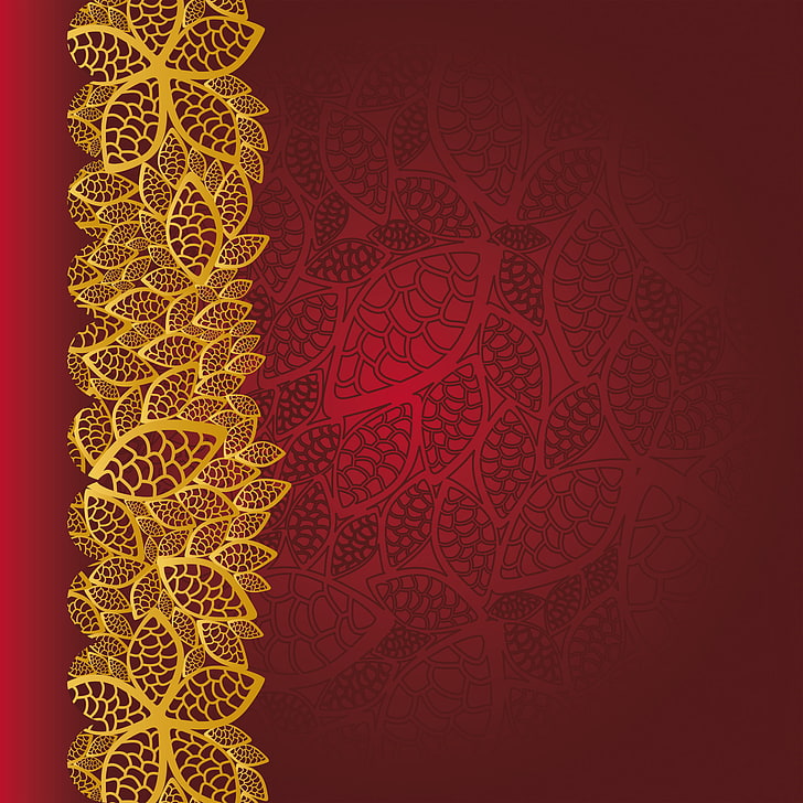 red and yellow flower illustration, background, red, golden, ornament, vintage, texture, floral, pattern, HD wallpaper