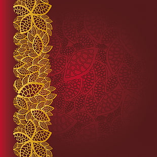 червено и жълто цвете илюстрация, фон, червено, златисто, украшение, реколта, текстура, флорален, модел, HD тапет HD wallpaper