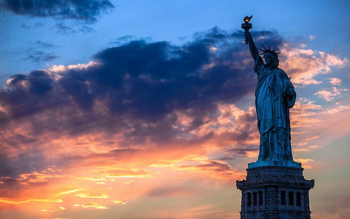 Statua, statua della libertà, tramonto, cielo, nuvole, statua, statua della libertà, tramonto, cielo, nuvole, Sfondo HD HD wallpaper