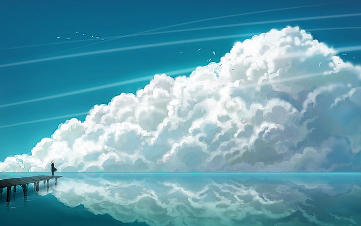 fantasy art, sea, clouds, anime, sky, pier, anime girls, HD wallpaper