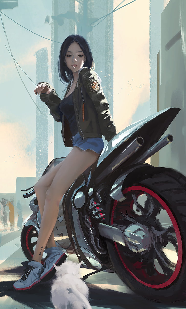 момиче, седнало на илюстрация на мотоциклет, WLOP, дигитално изкуство, рисунка, мотоциклет, котка, град, портретен дисплей, HD тапет, тапет за телефон
