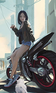 девушка сидит на мотоцикле иллюстрация, WLOP, цифровое искусство, рисунок, мотоцикл, кошка, город, портретная экспозиция, HD обои HD wallpaper