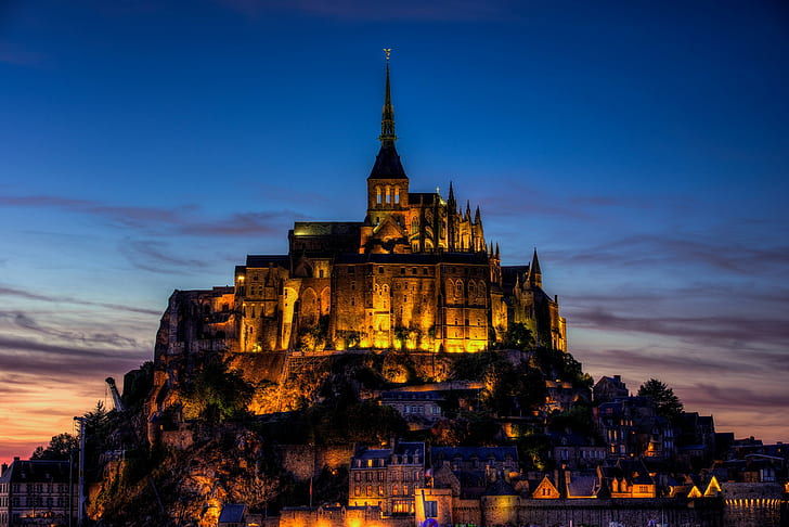 building, Mont Saint-Michel, France, Abbey, city lights, HD wallpaper