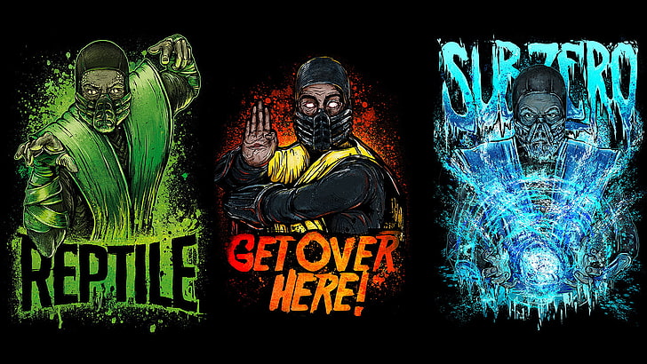 Mortal Kombat Reptile, Scorpion и Sub-Zero тапет, Mortal Kombat, видео игри, Reptile (Mortal Kombat), произведения на изкуството, цифрово изкуство, HD тапет