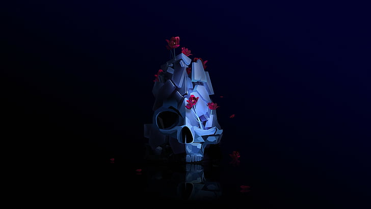 gray skull digital wallpaper, skull, flower, 3D, HD, HD wallpaper