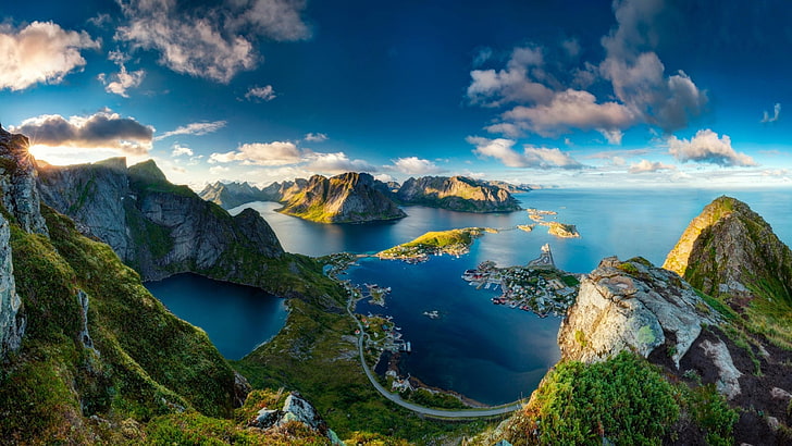 amazing, viewpoint, fjords, fjord, stunning, islands, cloud, sky, nature, beautiful, norway, landscape, scenery, lofoten islands, lofoten, reinebringen, shore, reine, mountain, reinebringen mountain, HD wallpaper