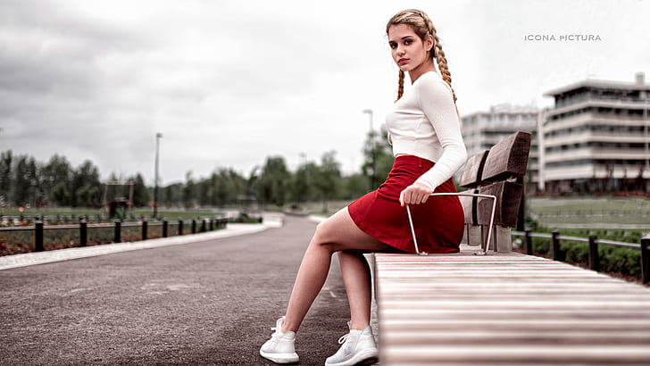 Icona Pictura, women, 500px, photography, braids, blonde, red skirt, white sweater, sneakers, brown eyes, women outdoors, looking at viewer, HD wallpaper