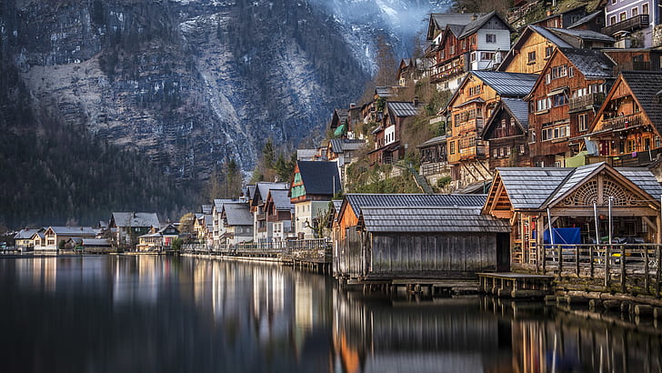 casa, lago, puerto de montaña, nieve, agua, pueblo, montañas, Fondo de pantalla HD