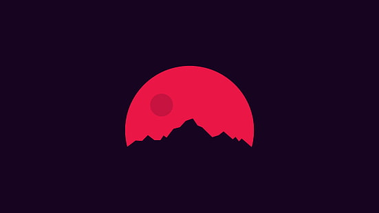 illustration de la lune rouge, pleine lune rouge derrière la montagne, montagnes, minimalisme, rouge, Fond d'écran HD HD wallpaper