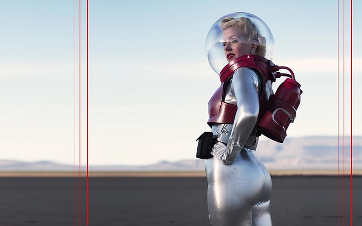gray leather suit, women, blonde, spacesuit, cosplay, HD wallpaper