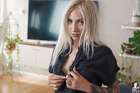 Ivory Suicide, women, model, blonde, looking at viewer, nose rings, pierced septum, pink lipstick, shirt, cleavage, portrait, depth of field, inked girls, tattoo, indoors, women indoors, Suicide Girls, HD wallpaper HD wallpaper