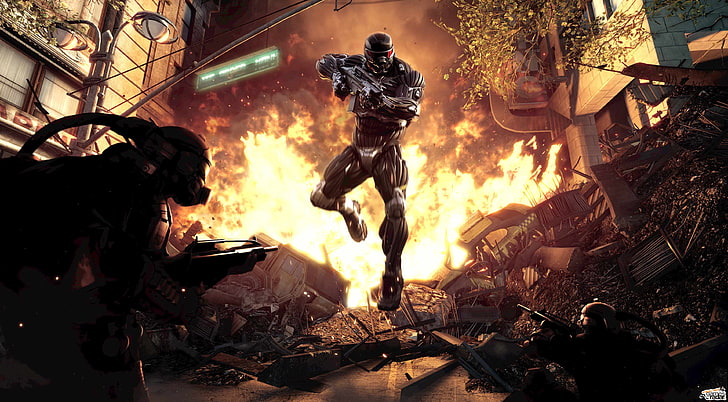 Fantasy-Figur im schwarzen und grauen Anzug, umgeben von Ruinen und orangefarbenen Feuertapeten, Die Stadt, Feuer, Waffen, Schießen, Schlachten, Krise 2, Crysis 2, HD-Hintergrundbild