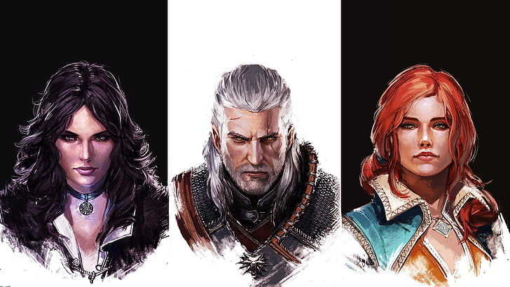 The Witcher III digitales Hintergrundbild, vier verschiedene Spielcharakter-Illustrationen, The Witcher, Triss Merigold, Geralt von Rivia, Yennefer von Vengerberg, The Witcher 3: Wild Hunt, Videospiele, Yennefer, HD-Hintergrundbild