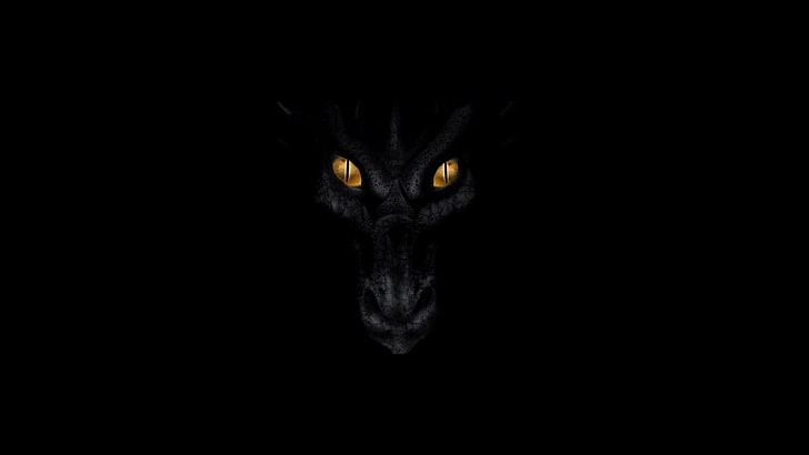 cabeza de animal negro, arte digital, arte de fantasía, fondo negro, oscuro, dragón, cara, ojos amarillos, minimalismo, Fondo de pantalla HD