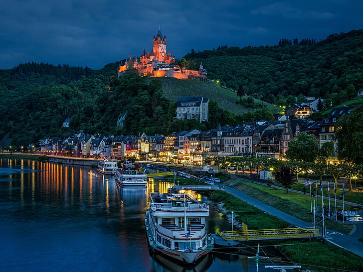 river, castle, Marina, home, Germany, night city, Cochem, Moselle River, ships, Rhineland-Palatinate, Cochem Castle, The River Moselle, HD wallpaper