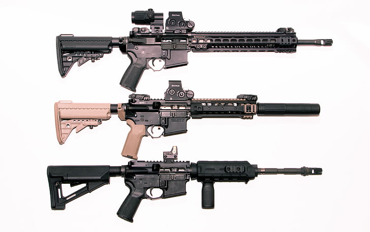 three black and brown assault rifles, weapons, rifle, AR-15, assault, HD wallpaper
