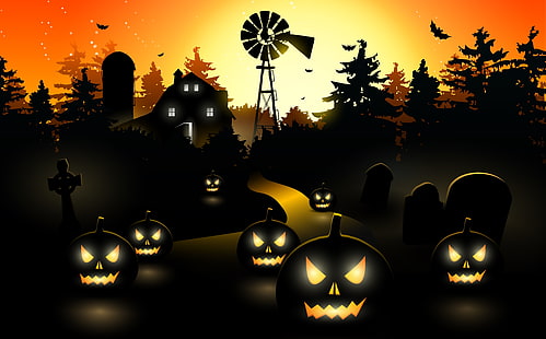черно-белые обои Хэллоуин, деревья, вектор, тыква, летучая мышь, ужас, полночь, жуткий, праздник Хэллоуин, Хэллоуин, страшный город, страшный город, HD обои HD wallpaper
