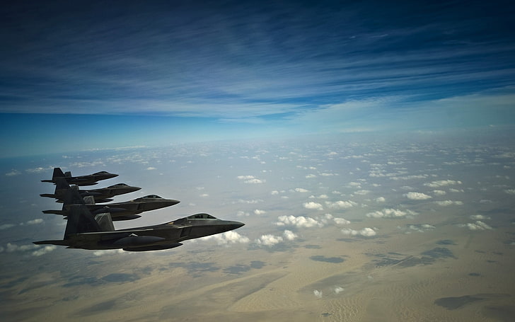 quatre jets gris, terre, papier peint, chasseurs, avion, les sky.clouds, Fond d'écran HD